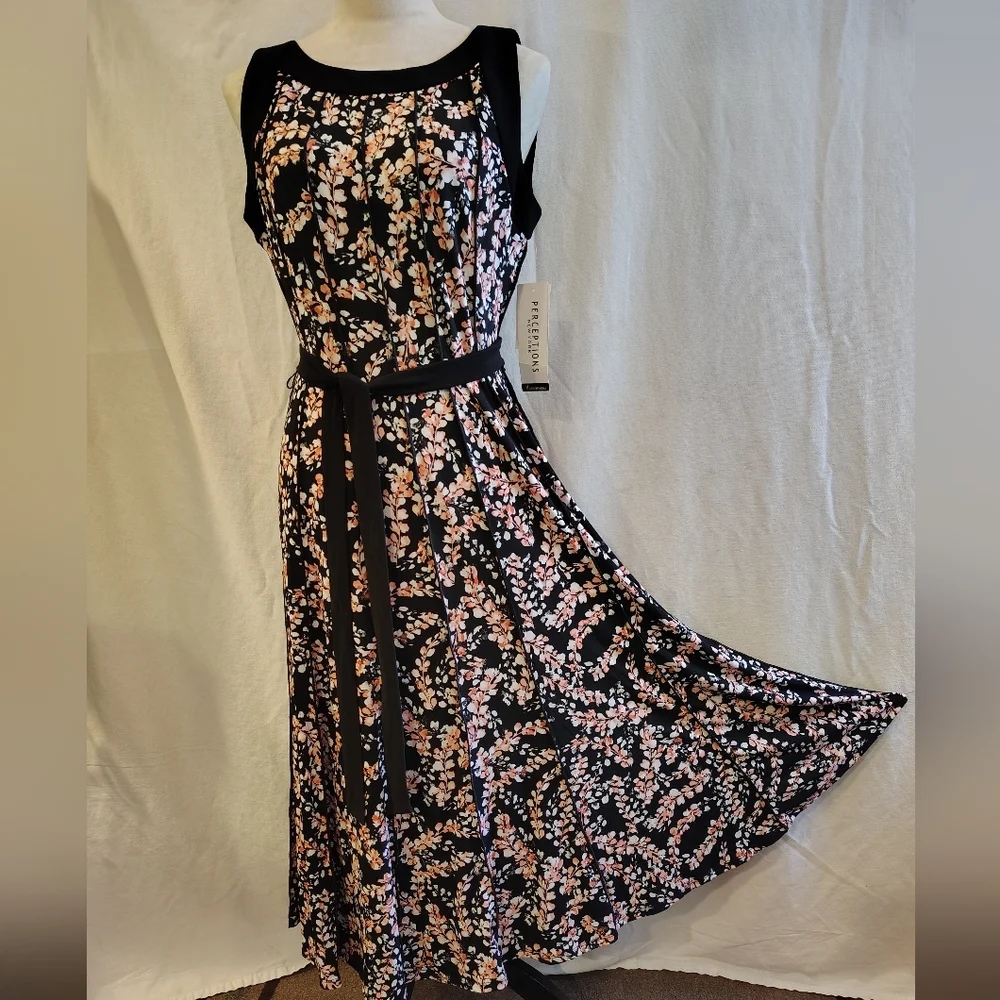 Perceptions Black and Coral Floral Sleeveless Midi Dress. NEW - Picture 1 of 11